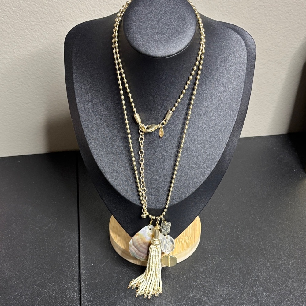 Chico’s Nautical Gold Tone Ball Chain Charm Tassel Shell Long Necklace